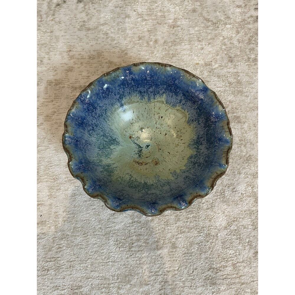 Beautiful Handmade Amber Blue‎ Pottery Bowl Scalloped Edge